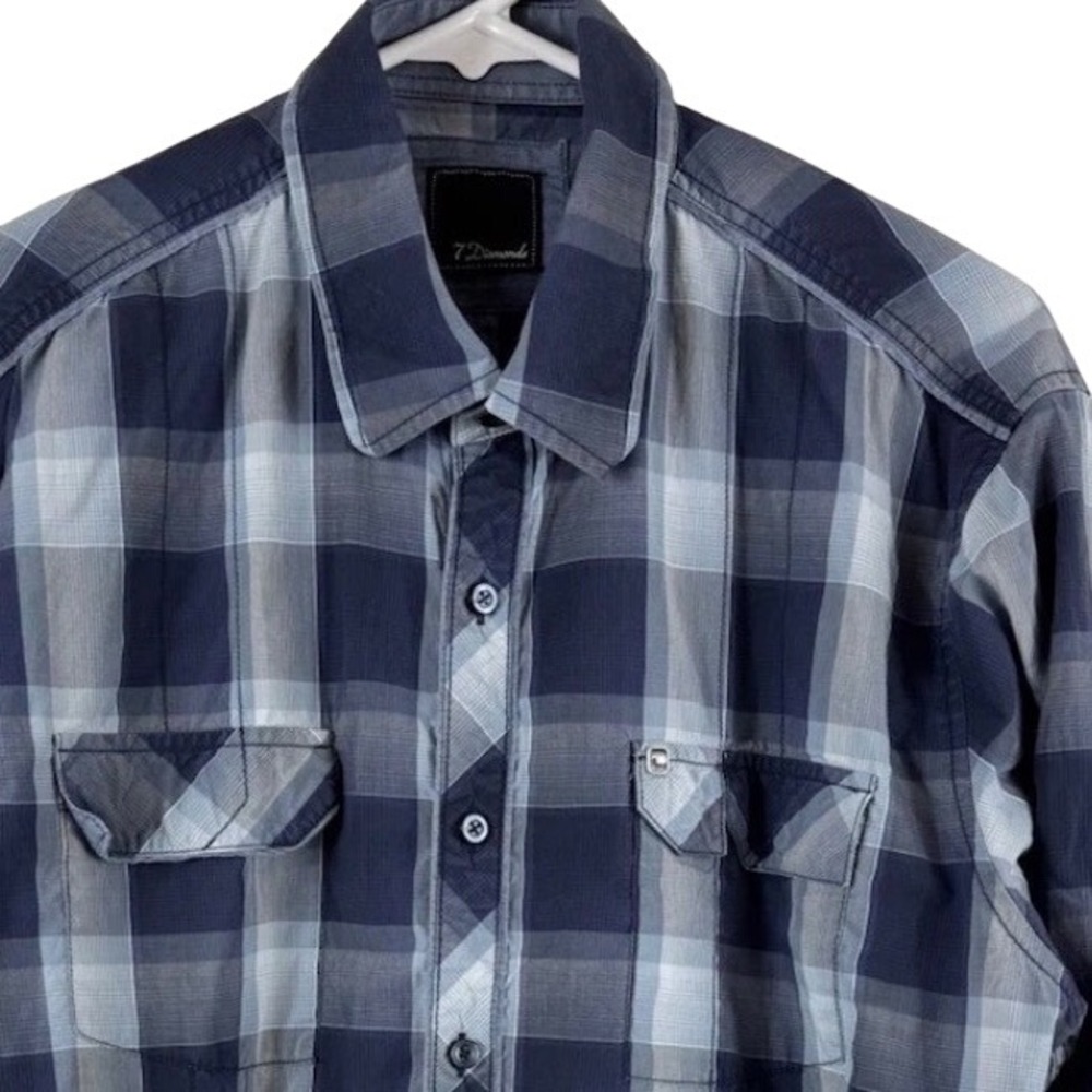 7 Diamonds Plaid Button Down Shirt Mens XL Blue Grey Long Sleeve SMK-3433